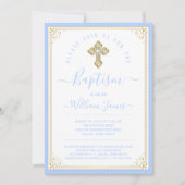 ベビーエレガントブルー金ゴールドバプテスマ 招待状 (正面)