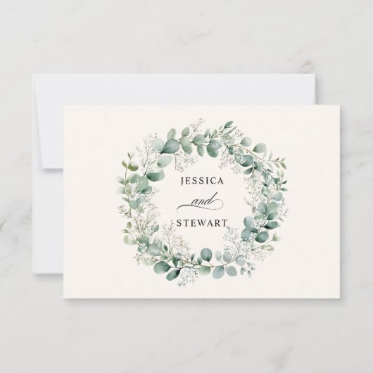 ベビーエレガントブレスリースほこりっぽい緑結婚の木 招待状 (裏面)