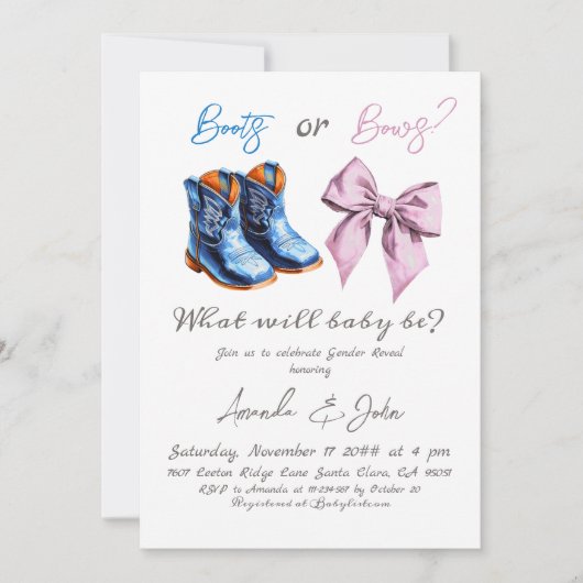 ベビーエレガントブーツまたはボーイズ男の子の女の子のジェンダーを明かす 招待状 (正面)