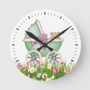 ベビーエレガント乳母車&春の花ベビーデコール ラウンド壁時計
