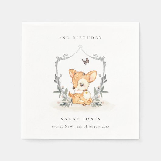ベビーエレガント鹿フローラクレストエイジ誕生日 スタンダードカクテルナプキン (正面)