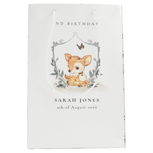 ベビーエレガント鹿フローラクレストエイジ誕生日 ミディアムペーパーバッグ (正面)