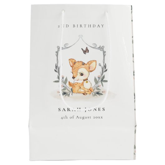 ベビーエレガント鹿フローラクレストエイジ誕生日 ミディアムペーパーバッグ (裏面)