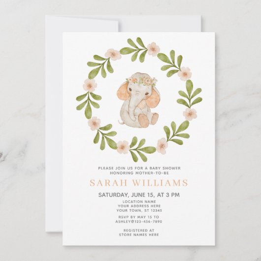 ベビーエレファントウォーターリースパステルベビーシャワー 招待状 (正面)