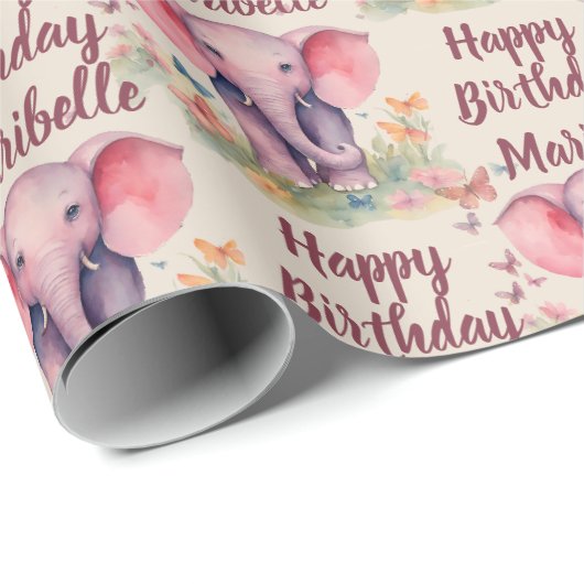 ベビーエレファントガールズパーソナライズされた誕生日 ラッピングペーパー (ロールコーナー)