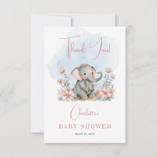 ベビーエレファントガールフローラピンクベビーシャワー サンキューカード (正面)