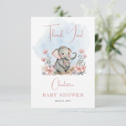 ベビーエレファントガールフローラピンクベビーシャワー サンキューカード (スタンド正面)