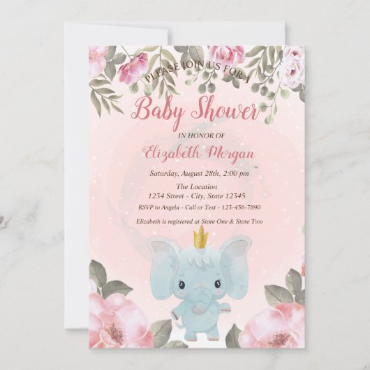 ベビーエレファントクラウンフローラベビーシャワー招待状 招待状 (正面)