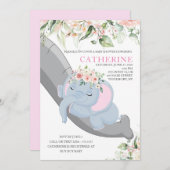 ベビーエレファントスリーピングフローラガールシャワー 招待状 (正面/裏面)