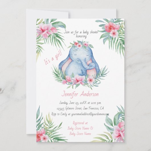 ベビーエレファントトロピカルフローラベビーガールシャワー 招待状 (正面)