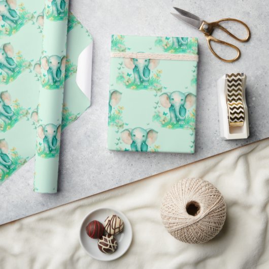 ベビーエレファントニュートラルベビーシャワー ラッピングペーパー (クラフト)