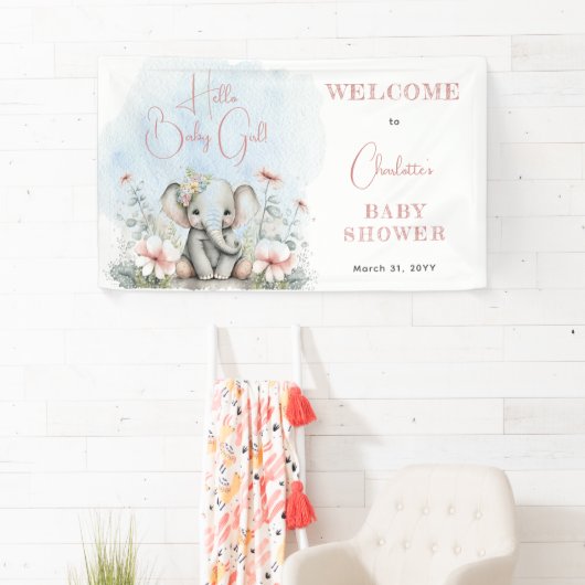 ベビーエレファントハローベビーガールフローラベビーシャワー 横断幕 (インサイチュ)