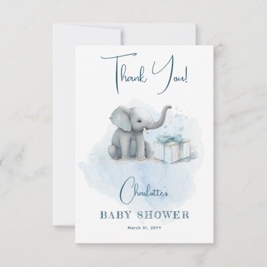 ベビーエレファントハロー男の赤ちゃんブルーベビーシャワー サンキューカード (正面)