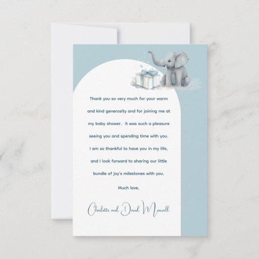 ベビーエレファントハロー男の赤ちゃんブルーベビーシャワー サンキューカード (裏面)