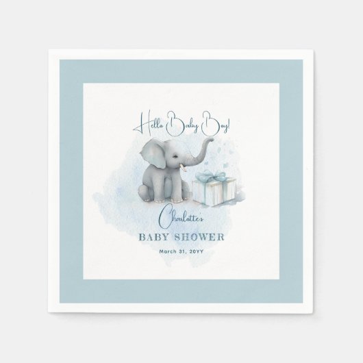 ベビーエレファントハロー男の赤ちゃんブルーベビーシャワー スタンダードカクテルナプキン (正面)