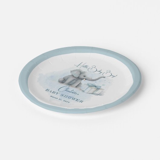 ベビーエレファントハロー男の赤ちゃんブルーベビーシャワー ペーパープレート (アングル)