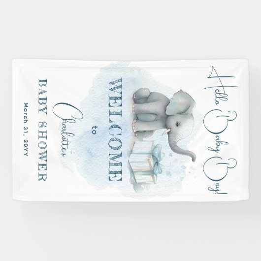 ベビーエレファントハロー男の赤ちゃんブルーベビーシャワー 横断幕 (横)