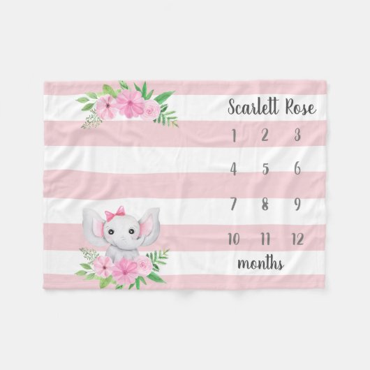 ベビーエレファントパーソナライズされたフォトマイルストーン フリースブランケット (正面(横))
