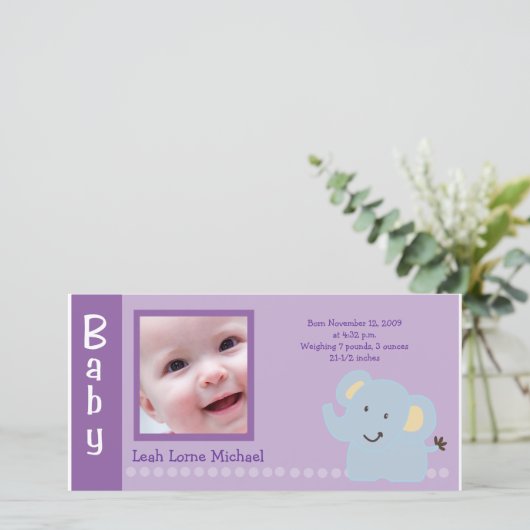 ベビーエレファントパープル4x8 PHOTO誕生のお知らせ 案内状 (スタンド正面)