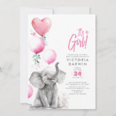 ベビーエレファントピンクとグレーかわいい女の子の赤ちゃんシャワー 招待状 (正面)