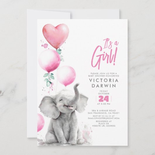 ベビーエレファントピンクとグレーかわいい女の子の赤ちゃんシャワー 招待状 (正面)
