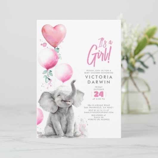 ベビーエレファントピンクとグレーかわいい女の子の赤ちゃんシャワー 招待状 (スタンド正面)