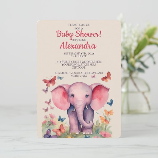 ベビーエレファントピンクガールズベビーシャワー 招待状 (スタンド正面)