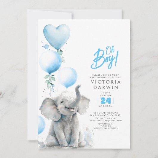 ベビーエレファントブルーとグレーかわいい男の子の赤ちゃんシャワー 招待状 (正面)