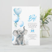 ベビーエレファントブルーとグレーかわいい男の子の赤ちゃんシャワー 招待状 (スタンド正面)