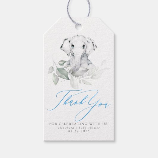ベビーエレファントブルーセージ赤ちゃんシャワーありがとう ギフトタグ (正面)