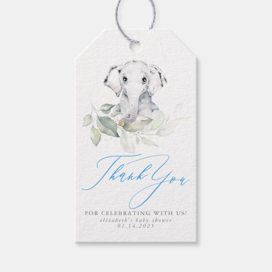ベビーエレファントブルーセージ赤ちゃんシャワーありがとう ギフトタグ (正面)