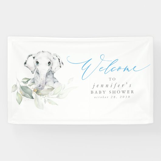 ベビーエレファントブルーセージ赤ちゃんシャワーウェルカム 横断幕 (横)