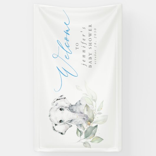 ベビーエレファントブルーセージ赤ちゃんシャワーウェルカム 横断幕 (縦)