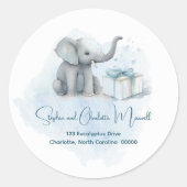 ベビーエレファントブルーベビーシャワー差出人住所 ラウンドシール (正面)