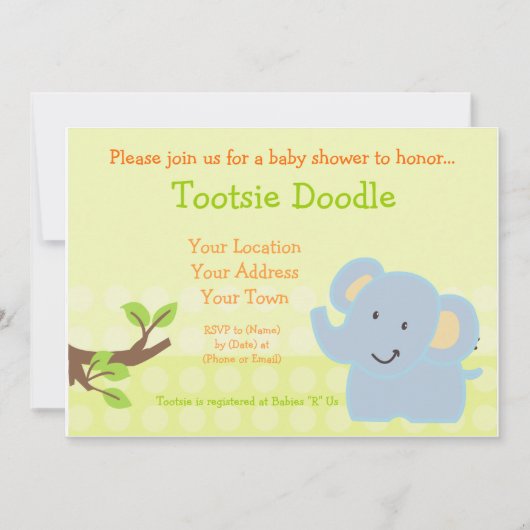 ベビーエレファントブルーボーイベビーシャワースプリンクル 招待状 (正面)
