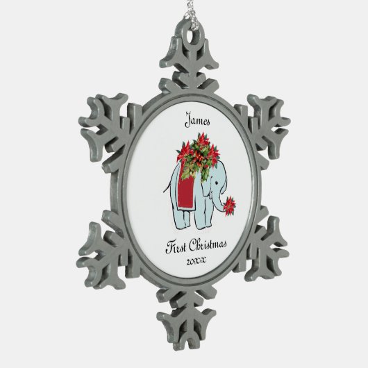 ベビーエレファントブルー初めてのクリスマスオーナメント スノーフレークピューターオーナメント (左)