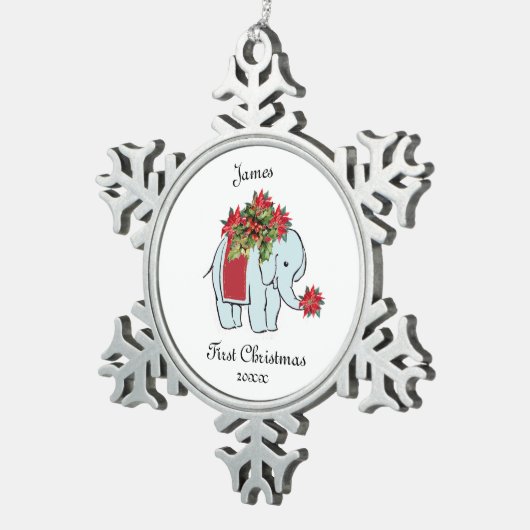 ベビーエレファントブルー初めてのクリスマスオーナメント スノーフレークピューターオーナメント (右)