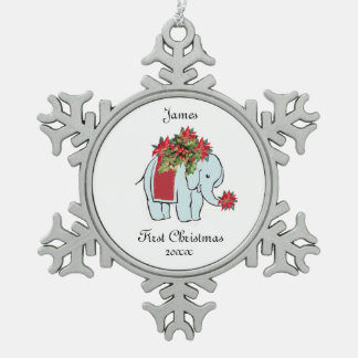 ベビーエレファントブルー初めてのクリスマスオーナメント スノーフレークピューターオーナメント