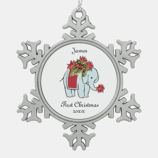 ベビーエレファントブルー初めてのクリスマスオーナメント スノーフレークピューターオーナメント (正面)