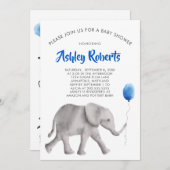 ベビーエレファントベビーシャワー招待状ブルー&グレー 招待状 (正面/裏面)