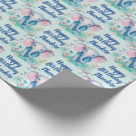 ベビーエレファントボーイズパーソナライズされた誕生日 ラッピングペーパー (角)