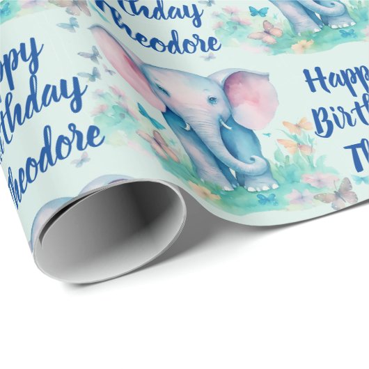 ベビーエレファントボーイズパーソナライズされた誕生日 ラッピングペーパー (ロールコーナー)