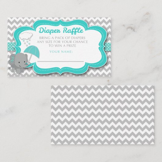 ベビーエレファントボーイ赤ちゃんシャワーティール(緑がかった色)おむつラッフル エンクロージャーカード (正面/裏面)