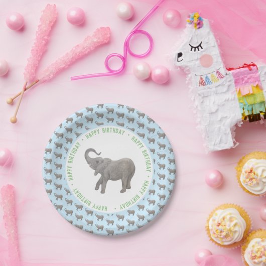 ベビーエレファントライトブルー誕生日 ペーパープレート (パーティー)