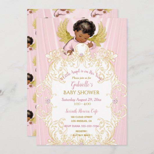 ベビーエンジェルピンク金ゴールドガールアフリカンアメリカン 招待状 (正面/裏面)