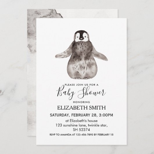 ベビーエンペラーペンギン冬のベビーシャワー  招待状 (正面/裏面)