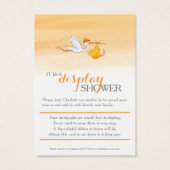 ベビーオレンジ色のシャワーディスプレイカード付きのコウノトリ (裏面)