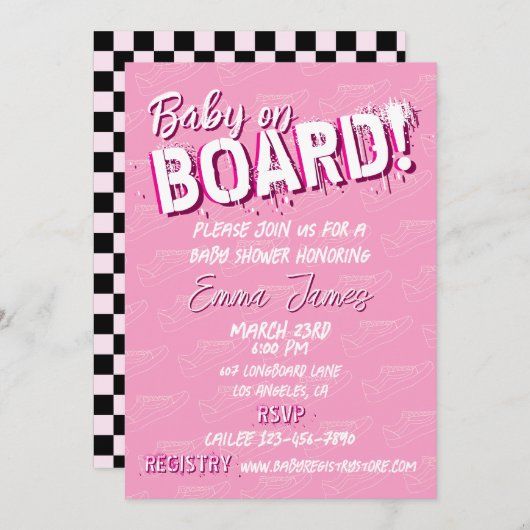 ベビーオンスケートボードシューズ – 女の子 –  招待状 (正面/裏面)