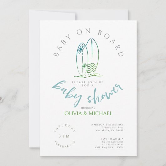 ベビーオンボードウォーターカラーサーフボード男の赤ちゃんシャワー 招待状 (正面)