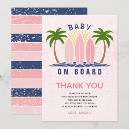 ベビーオンボードサーフィンスプラッシュピンクのベビーガールシャワー サンキューカード